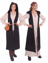 NORA Wool Battle Black Coat Dress – Medieval Viking Open-Front Surcoat (S–6XL)